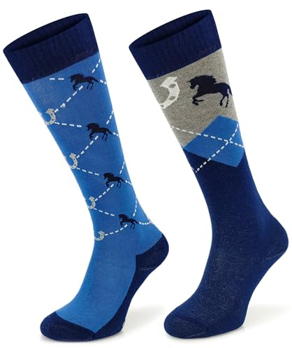 SKIETY Calzini da equitazione - Calzini lunghi da cavallo - Calzini da equitazione per donne, ragazze, bambini - Calzini divertenti - Motivo a rombo e cavallo - Taglia 39-42
