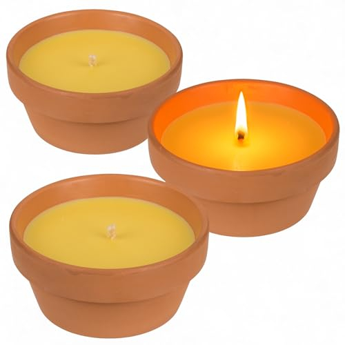 MIJOMA Lot de 3 bougies à la citronnelle dans un bol en terre cuite avec huile de citronnelle - Idéales pour le jardin, le camping, les barbecues et les pique-niques - Durée de combustion : 25 à 30