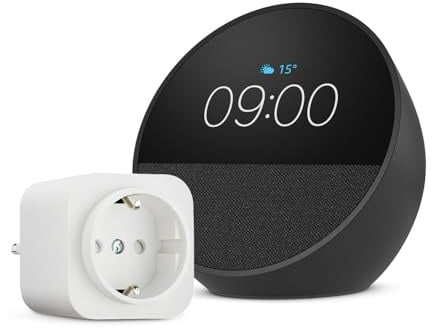Echo Spot | Schwarz + Amazon Basics EU-Smart Plug, Funktionert mit Alexa - Smart Home-Einsteigerpaket
