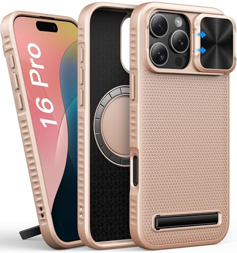 SIXBOX for iPhone 16 Pro Case with Kickstand, Slide Lens Cover, Thin Fit, Compatible with MagSafe, Military-Grade Drop & Camera Protection, Hard Magnetic Women Phone Case for iPhone16 Pro, Rose Gold
