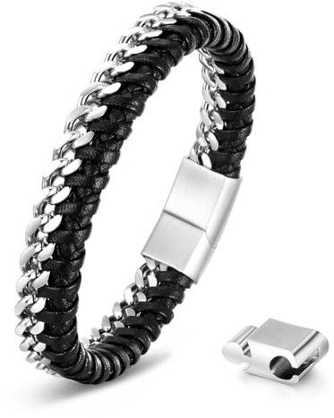 Armband Herren Lederarmband Edelstahl für Männer - Herrenarmbänder Schwarz Armkette Herren Premium Echtlederarmband Geschenke für Sohn Papa Bruder Ehemann mit Schmuckschachtel