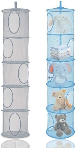 DHSWNNG 2 PCS 5 Tier Hanging Mesh Storage Net, Foldable Save Space Hanging Soft Toy Baskets Organiser for Bedroom Bathroom Teddy Bear Toy Clothes Sundries Storage (Grey, Blue)