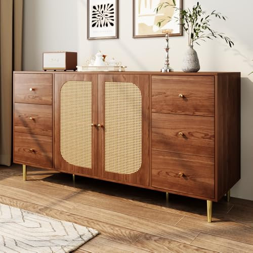 Buffet - Commode avec 6 tiroirs et 2 portes en rotin - Couleur noyer - Armoire de cuisine multifonction avec poignées et pieds dorés - Pour couloir, chambre à coucher, salon