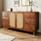 Sideboard Kommode mit 6 Schubladen und 2 Rattan Türen, Walnussfarbe Aufbewahrungsschrank Küchenschrank Mehrzweckschrank Buffetschrank mit Goldene Griffe und Beine für Flur, Schlafzimmer, Wohnzimmer