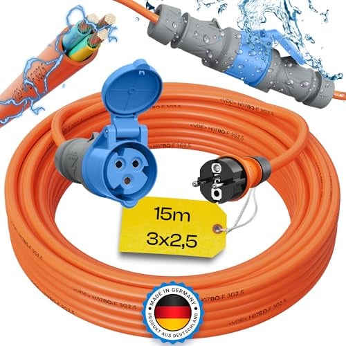 maxgo Camping Adapter Schuko auf CEE – 230V 16A 3x2,5 H07BQ-F Kabel 15m | Robustes H07BQ-F Adapterkabel Made in Germany für Camping, Wohnmobil, Wohnwagen und Boot mit CEE Stecker und Schuko Kupplung