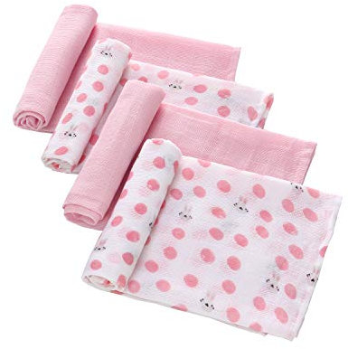 LAT Musselintücher für Babys, 70x70cm 4er Pack Mullwindeln Spucktücher Mulltücher 100% Baumwoll Weich und Atmungsaktiv für Neugeborene Mädchen und Jungen (Rosa+Kaninchen)
