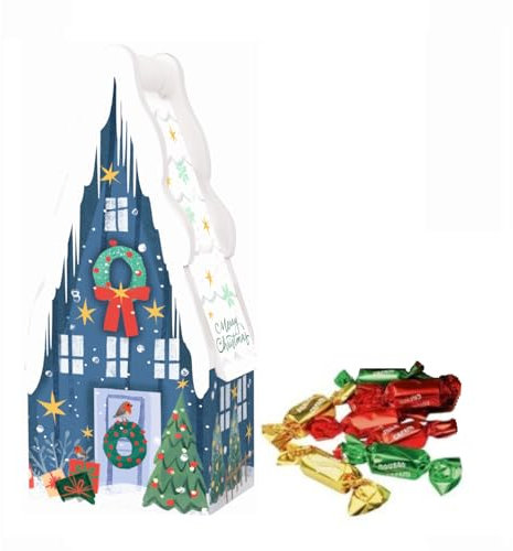 Windel | Holzhaus Blaue Dekorationen Weihnachten Pralinen Milch | Geschenkbox Innen mit Milchschokolade - 58 g