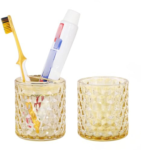 Fvstar Zahnbürstenhalter aus bernsteinfarbenem Glas, Badezimmer-Becher- und Zahnpasta-Halter, goldfarben, Zahnbürstenhalter mit Trennwand, Badezimmer-Zahnbürsten-Organizer für Bürsten, Zahnpasta und
