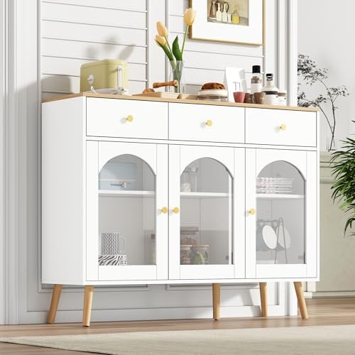 Kebnor Esszimmerschrank mit Stauraum,94 cm hoher Kaffeebarschrank mit 3 Schubladen und 3 gewölbten Türen mit gehärtetem Glas(Weiß（ Esszimmerschrank）)