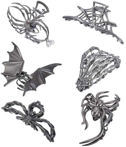 AHANDMAKER 6 Stück Haarklammern In Spinnenform 6 Stile Gothic Haarspangen Aus Metall Rutschfest Fledermausnetz Skelett Gruselige Halloween Haarspangen Für Dickes Langes Haar Karnevalszubehör
