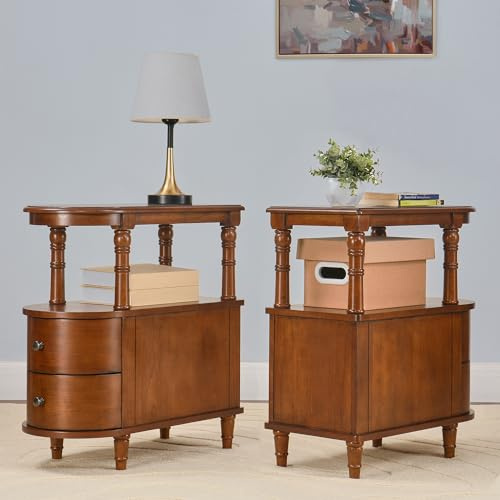 2er-Set Schmaler Beistelltisch mit 2 Schubladen und Stauraum, Retro Vintage Sofa-Beistelltisch, Holz-Telefontisch für Wohnzimmer, 29L x 59,5B x 64,2H cm, werkzeuglose Montage, Karamellbraun BG-A508-MG