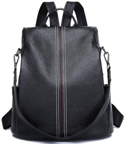 Wesccimo Rucksack aus echtem Leder, Geldbörse für Damen, Diebstahlschutz, echtes weiches Leder, modisch, Tagesrucksack, Schultertasche, Schwarz, Tagesrucksäcke
