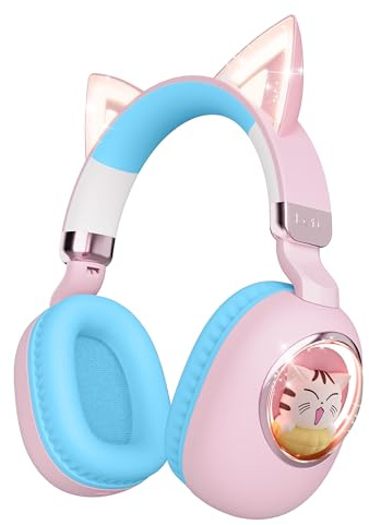 sunvito Cuffie leggere Bluetooth per bambini, con orecchie di gatto, pieghevoli, con luci a LED, senza fili e modalità cablate, ideali per scuola, viaggi, tablet e PC (rosa blu)