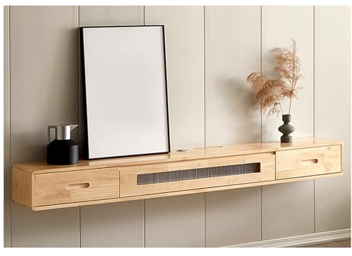 Mobile TV sospeso Bianco Moderno, Console multimediale a Parete con cassetti, Gestione Cavi e Schienale Cavo, Mobile TV in Legno massello per Centro di intrattenimento, 240x24x20 cm (Natural