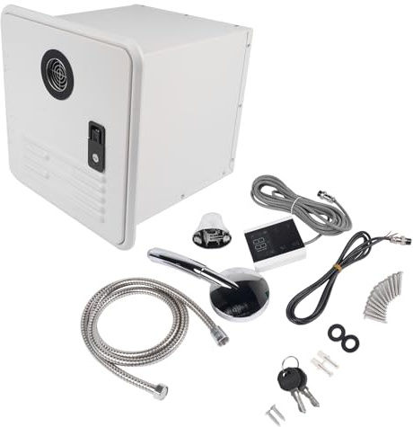 42000BTU RV Tankless Water Heater Instant Shower 2.8 GPM Gas Hot Water Heater with 15 x 15 White Door and Remote Controller GELUOXI