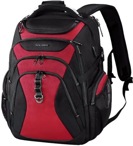 KROSER Travel Laptop Backpack 18.4 Inch XXXL Gaming Backpack with Hard Shell Saferoom RFID Pockets Water-Repellent Business College Daypack Stylish Laptop Bag for Men/Women-Black Red