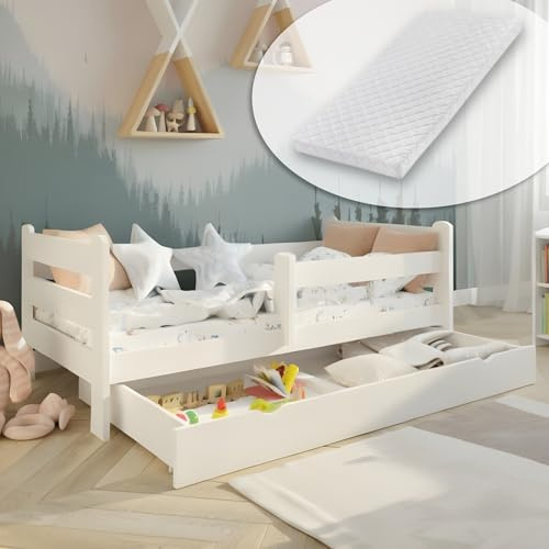 Kids Collective Kinderbett 80x160 cm Kinder Bett Jugendbett Juniorbett | Mit Rausfallschutz, Schublade & Matratze | Komplett-Set | 80×160 cm von 3. bis 10. Lebensjahr | Weiß