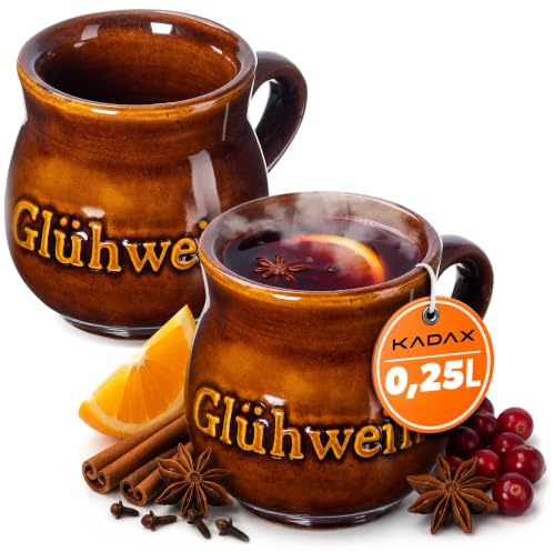 KADAX Glühweinbecher 250ml, 2er Set, Tonbecher mit Henkel für Glühwein, handgefertigter Becher aus Keramik, Keramikbecher, Glühweintassen aus Ton, Weihnachtstassen