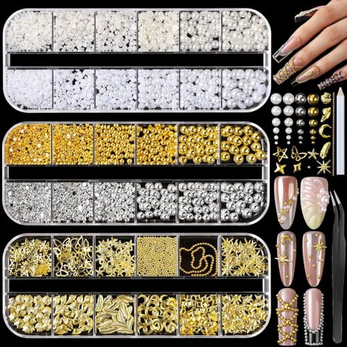 VelvetGlow Gold Nagel Edelsteine, 3D Stern Nagel Charms, Flatback Perlen weiß beige, halbrunde Silber und Gold Nagel Charms, gemischte Größen Perlen für Nägel, Metall Nagelperlen