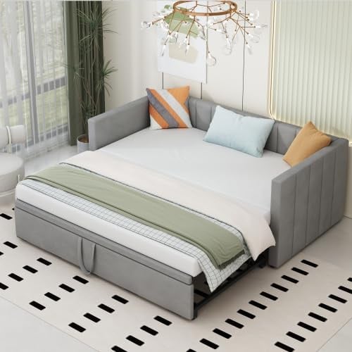 dowowdo Schlafsofa ausziehbar 90/180x200 cm, Polsterbett mit Lattenrost, graues Sitzbett zum Ausziehen, Samtstoff Gästebett platzsparend, Multifunktionsbett