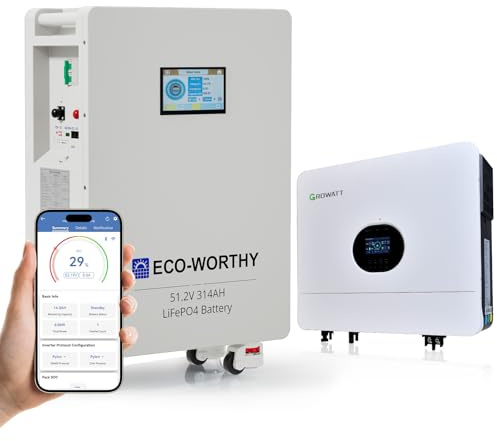 ECO-WORTHY 48V 314Ah (V1) + 6KW Hybrid Inverter for Home Energy Storage | 16.1kWh LiFePO4 battery.200A PACE BMS,dual 125A breakers.80A MPPT,pure sine wave.Floor-standing with wheels.WiFi & CAN/RS232