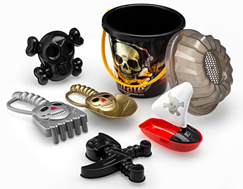 Top Race Juego de 6 Cubos de Playa para rastrillo, Pala para Barco/Barco, Espada y Espada, diseño de Piratas, con moldes y Juguetes empaquetados en Cubos Grandes de 17,78 cm, Color Negro