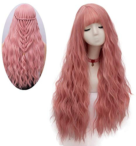 Mildiso Perücke Damenperücke Lang Pinke Locken Perücken mit pony Natürlich Wig/Für Frauen Alltag Anime Cosplay Kostümparty Halloween Karneval 001D