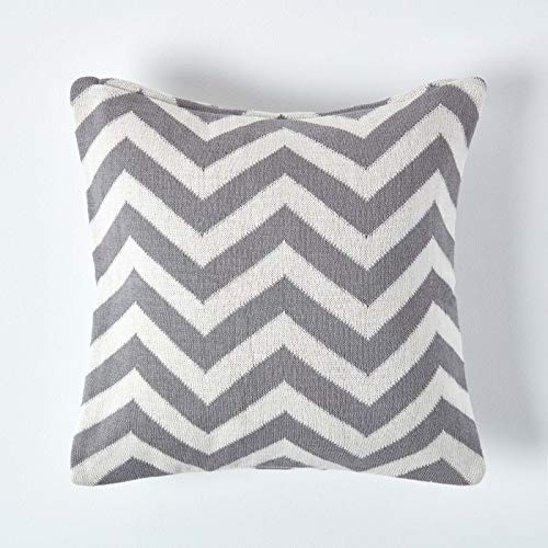 HOMESCAPES Grey Knitted Cushion Cover Geometric Pattern Cotton Cushion Super Soft Handwoven Silver Grey and Off White 100% Cotton Chevron Herringbone Square Cushion, 45 x 45 cm