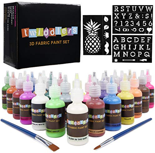 THE TWIDDLERS 30 Stofffarben, Textilfarben 3D-Effekt - Enthält im Dunkeln Leuchtende Farben, Schablonen & 2 Pinsel