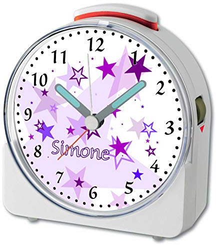 CreaDesign, WU-71-1030-05, Sterne Lila, analog Kinderwecker weiß, Funkwecker mit Sweep-Uhrwerk und fluoreszierenden Zeiger und Licht, personlisiert mit Namen, 10,2 x 4,6 x 11 cm