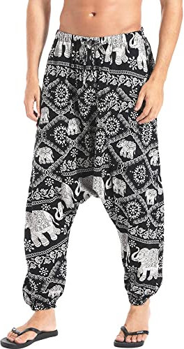 AITFINEISM Men's Drawstring Casual Hippie Harem Pants Loose Drop Crotch Trousers (S, Style White)