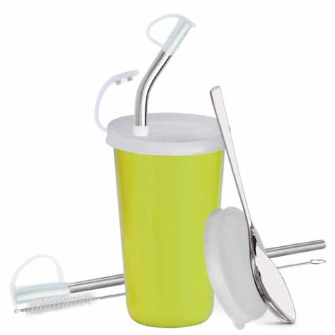 PddFalcon Stainless Steel Glass/ Tumbler with BPA Free Lid, Bend Steel & Straight Straw with Cleaning Brush, 2 Food Grade Caps for Straws and Extra Storage Lid, Spoon, 100% Leak Proof - 370ml (Green)