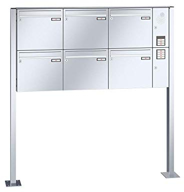 RENZ/Basic B / 6er Freistehende Briefkastenanlage Standbriefkasten mit Sprechfeld / V4A-Edelstahl/Volumen 12 L/mit Fußplatten/Dein-Briefkasten.de