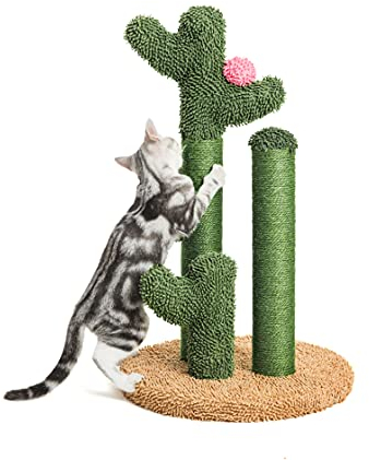 Pesofer Kaktus Kratzbaum Katzenkratzbaum mit 3 Kratzstäben, Blumendekor und baumelndem Ball für Kätzchen, ausgewachsene Katzen groß
