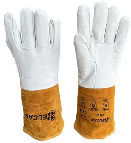 ELCAN Guanti professionali ergonomici per saldatura in pelle ignifuga resistente al calore, bianchi e gialli, per saldatura ad elettrodo, TIG, MIG, MAG, barbecue, caminetti, legna da ardere, forni...