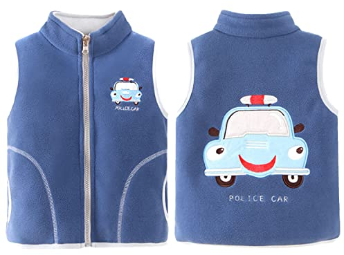 Bambini Gilet in Pile Polare Ragazzi Ragazze Ricamo di Cartoni Animati Giacca Senza Maniche Inverno Caldo Cerniera Colletto in Piedi Primavera Autunno Cappotto, Motivo Macchina Polizia Blu 130