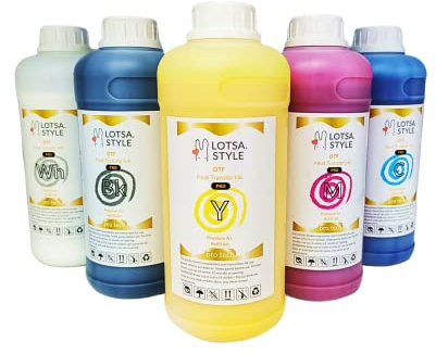 LOTSA. STYLE Premium PRO DTF-Nachfülltinte für Tintenstrahldrucker, Wärmeübertragungsfoliendruck, groß- und breitformatige kommerzielle Ausgabe (250 ml x 6, CMYK Wh)
