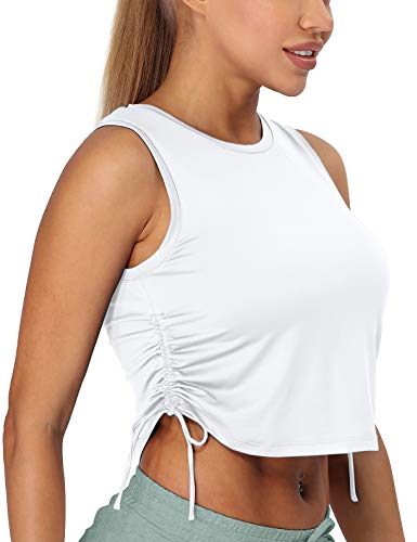 icyzone Damen Sport Fitness Tank Top Cropped Yoga Shirt Rundhals Laufen Oberteile (S, Weiß)