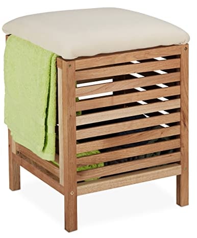 Relaxdays Wäschekorb mit Sitz, Walnussholz, Stoff, 35 l Wäschesammler, HBT: 51x39x39 cm, Badhocker mit Stauraum, Natur