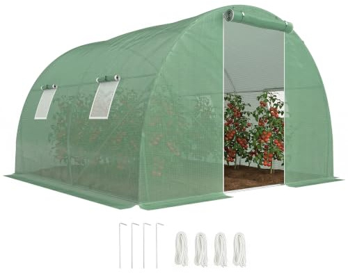 Outsunny Foliengewächshaus Begehbares Polytunnel, 3 x 3 m Dunkelgrün | Gewächshaus, 4 Fenster, Treibhaus, Frostschutz, Stahlrohr
