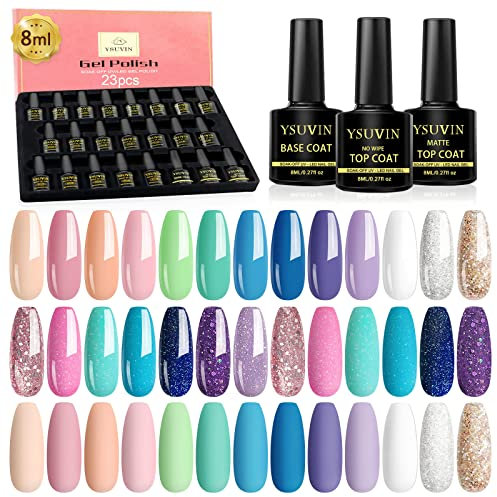 Yueshop Gel Nail Polishes Set- 23PCS Pastel Pink Purple Blue with Base Coat Matte Top Coat Gel Nail Varnish Kit, Nail Art Design Soak Off LED Lamp Nail Polish Gel for Women