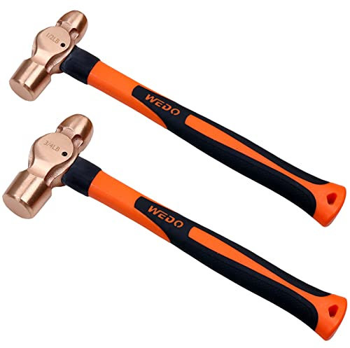 WEDO 2PCS Copper Ball Peen Hammer Set, 8 oz + 12 oz(1/2lb+3/4lb), Ball Pein Hammer with Fiberglass Handle, Die-Forge, Corrosion Resistant, DIN Standard