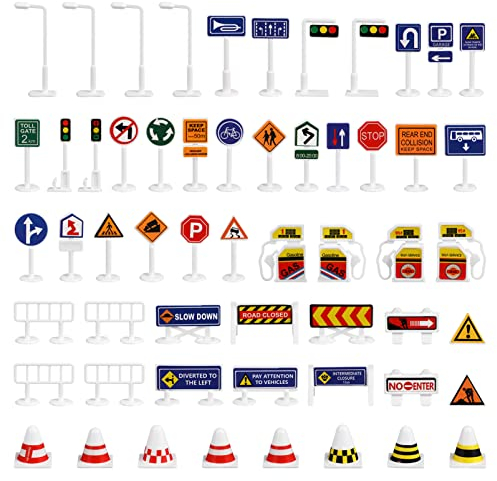 SAFIGLE 56 StüCk Verkehrsschilder Spielzeug Set FüR Kinder, Mehrfarbige Verkehrszeichen, Simulationsdesign, Lehrmittel, Kunststoff, 5,89 X 3,73 X 0,90 Zoll