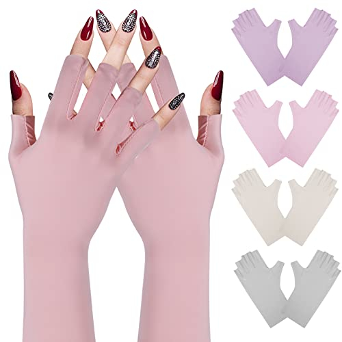 Vabean 4 Paar Maniküre Handschuhe Anti UV Handschuhe für Nagel Maniküre Handschuhe UV Schutz Fingerlose UV Licht Handschuhe für Gel Nägel Lampe Hände Trockner Schutz Damen, Rosa, Lila, Beige, Hellgrau
