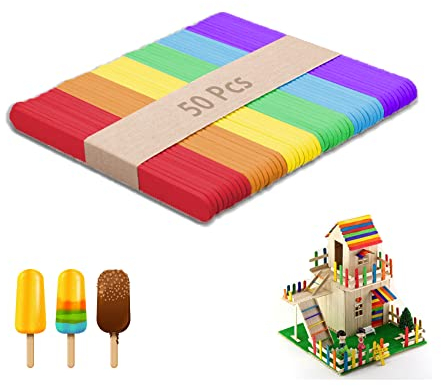 zoerbufan Lot de 50 bâtonnets en bois - Bâtons de glace en bois - Pour bricolage et bâtonnets de glace - Pour enfants - 114 mm x 10 mm x 2 mm (6 couleurs)