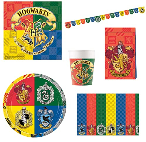 Procos DY10273865 - Harry Potter Party Set Large, Teller, Becher, Servietten, Tischdecke, Tüten, Banner, Tischdeko, Geburtstagsdekoration, M