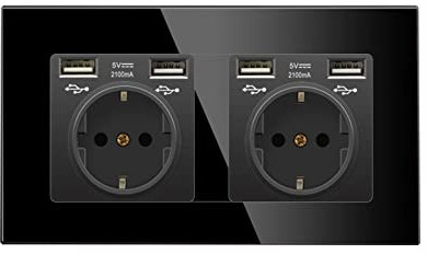 2 Fach Steckdose Glas Steckdose, 16Amp Glas Steckdose mit USB Ports,Unterputz Schutzkontakt Wandsteckdose,Verlängerungssteckdosen, Unterputzdose Schutzkontakt Steckdose (Schwarz-Doppelsteckdose A+A)