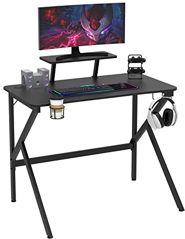 Lvhecforhm Mesa Gaming 100x55x90.5cm, Fibra Carbono Escritorio Juegos, con para Auriculares, Soporte Copa, Soporte Mango de Juego, PC Mesa Ordenador Gaming, Mesa Juego con Estante para Monitor Negro