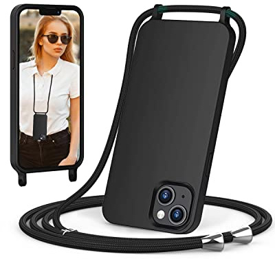 ScandiCasis Handykette für iPhone 13 Mini Hülle mit Band, Handyhülle mit Schnur zum Umhängen, weiche TPU Silikonhülle mit Band [verstellbar] [abnehmbar] Halskettenhülle für iPhone 13 Mini-Schwarz