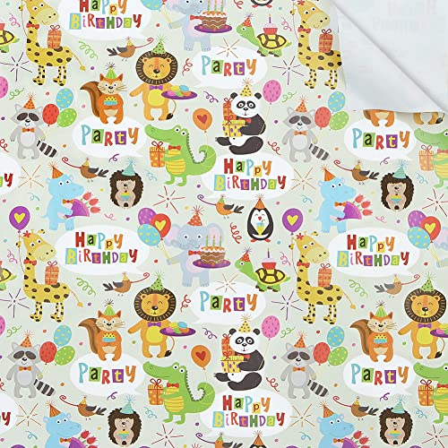 Geburtstags-Geschenkpapier für Kinder Mädchen und Jungen Geschenkpapier mit Tier-Party-Design für Geburtstag Babyparty 4 flach gefaltete Blätter 50x75 cm pro Blatt Panda Löwe Elefant Giraffe Alligator